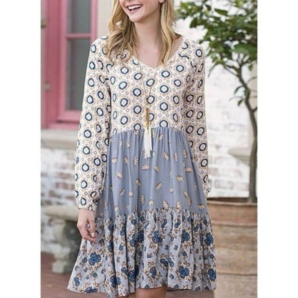Matilda Jane Dress Size M Tired Skirt Lace Trim Pastel Colors Cottagecore Boho